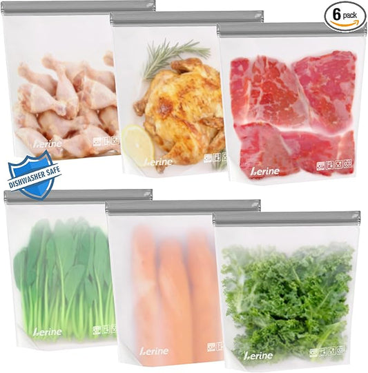 Lerine 6 Pack Reusable Freezer Bags 2 Gallon Stand-Up Dishwasher Safe, BPA-Free Reusable Gallon Bags, Leakproof Food Storage Bags for Meat Vegetables Bread Travel (Gray, 2Gallon)