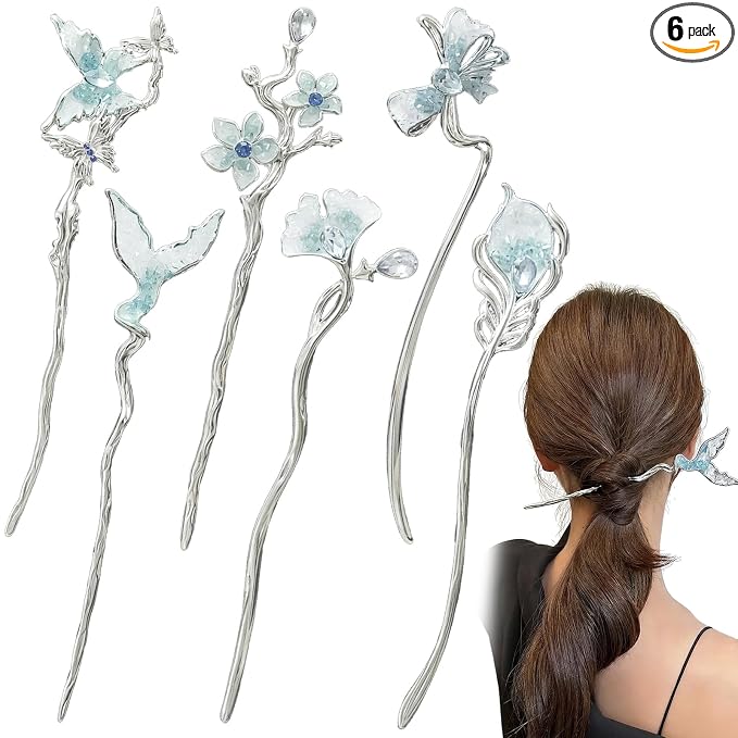 6 PCS Chinese Hair Sticks Silver Crystal Hair Stick for Buns Long Hair Chinese Hanfu Metal Hair Chopsticks Hair Bun Updo Holders Long Thick Hair Accessories for Women