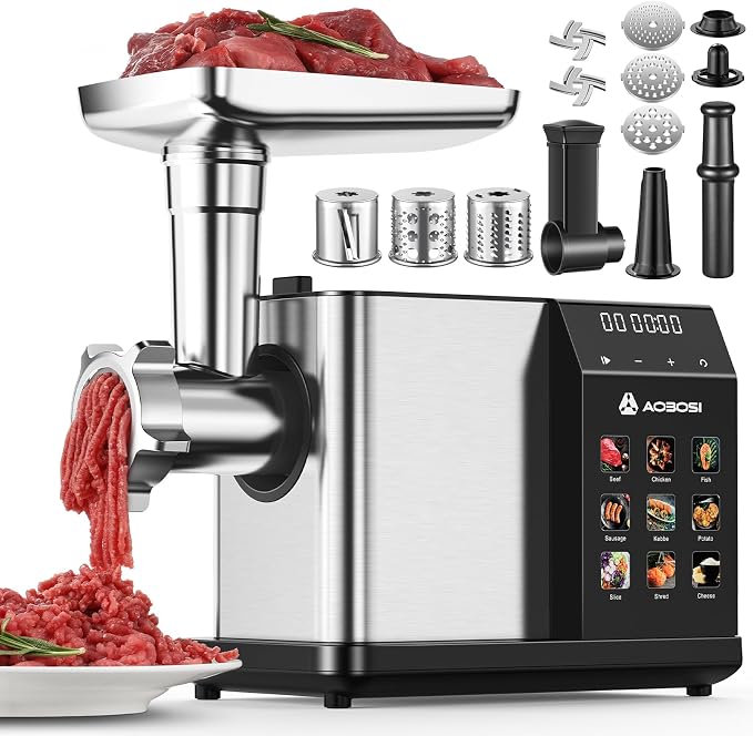 AAOBOSI Multifunctional Digital Meat Grinder Electric 3000W Max | 9 Touch Screen Presets, Auto-Reverse & Built-in Storage -Grinding, Sausage & Kibbe & Grate Cheese Making for Home Use