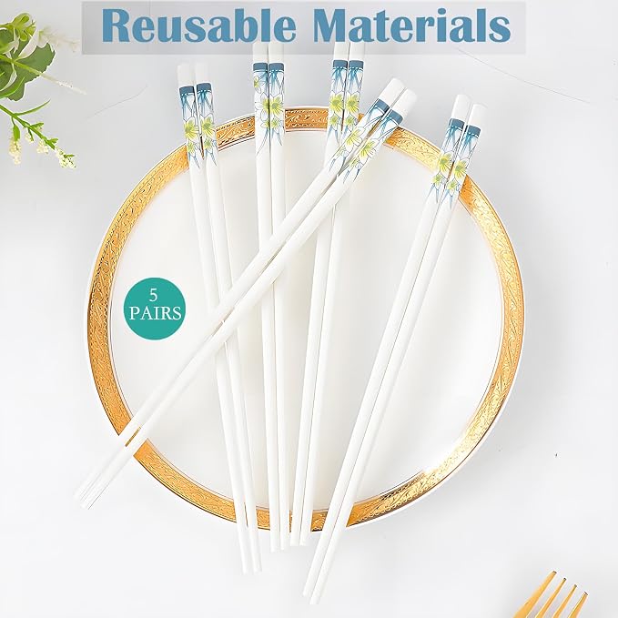 Ceramic Chopsticks Reusable 5 Pairs,Porcelain Chop Sticks,Daffodil,9.7'' | Easy to Clean,Dishwasher Safe,Heat Resistant,with a Gift case,Cooking Chopsticks,High-grade Bone China Porcelain