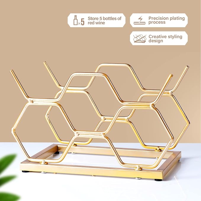 Countertop Wine Rack - 5 Bottle Freestanding Modern Gold Metal Small Wine Rack - Tabletop Wine Holder Stand for Cabinet, Pantry, Wine Bottle Storage…