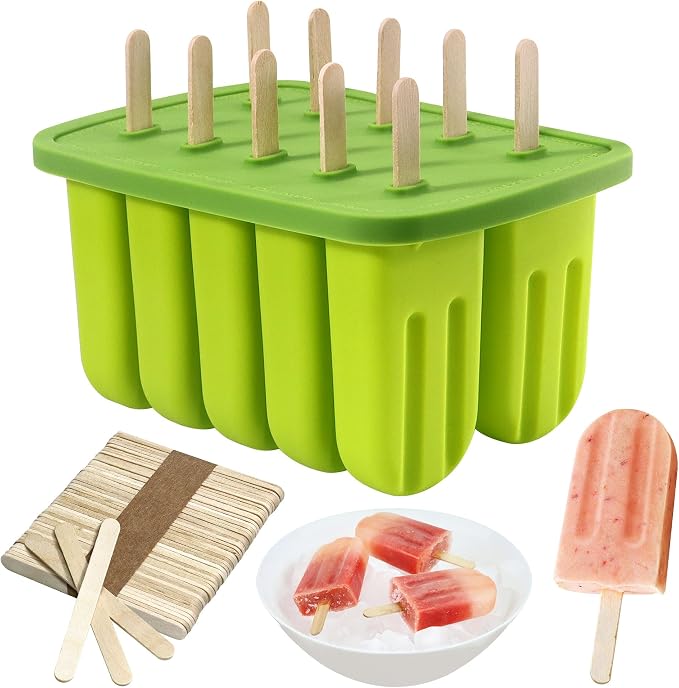 10 Cavity Popsicles Molds with 50 Pcs Popsicle Sticks, Bpa-free ice Pop Mold, Homemade Popsicle Molds, Reusable Easy Release Popsicle Maker for Kids Teens Adult DIY Yogurt Juice Smoothies Ice Cream