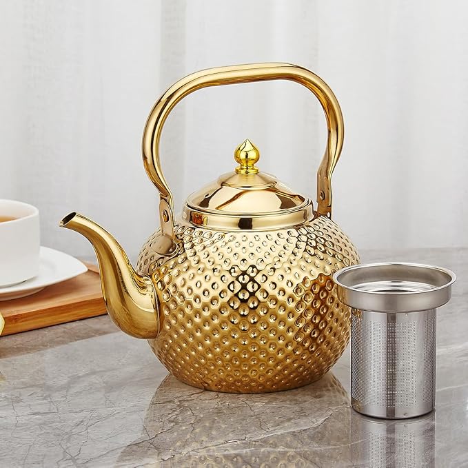 SANQIAHOME 1200ml teapot with Infuser stainless steel Water Boilers lifting handle Tea Maker Water Kettle for Induction/Gas gold