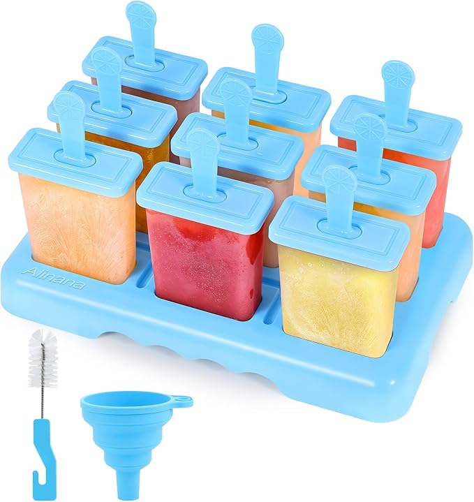 9 Cavities Popsicles Molds, Without BPA Popsicle Molds with Built-in Popsicle Stick, DIY Popsicle Molds with Cleaning Brush and Funnel