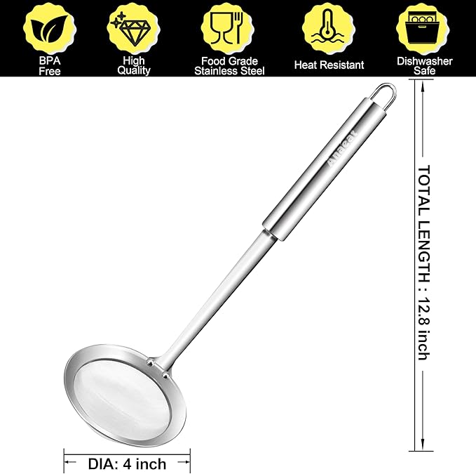 Anaeat 4" Stainless Steel Fat Skimmer Spoon - Professional Kitchen Fine Mesh Food Strainer and Hot Pot Skimmer with Long Handle for Skimming, Cooking, Frying, Grease, Gravy and Foam Diameter