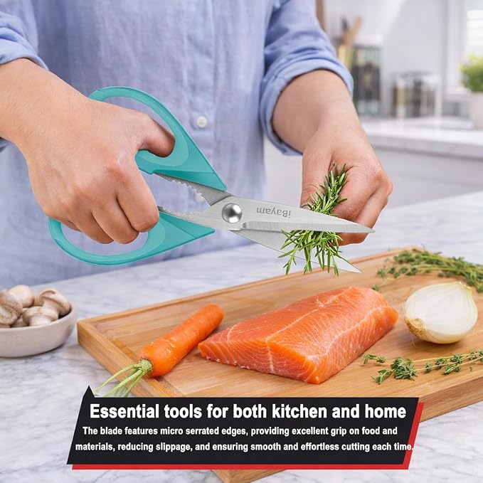 Small Kitchen Scissors 8-inch, iBayam 2 Pack Kitchen Shears All Purpose | Meat Scissors Poultry Shears, Dishwasher Safe Food Cooking Scissors Heavy Duty Stainless Steel Utility (Black, Aqua Sky)