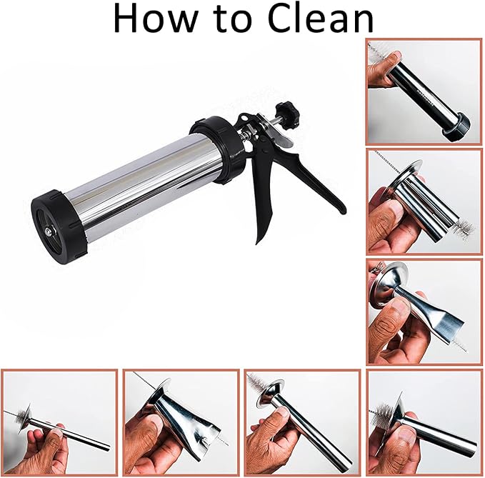 Beef Jerky Gun Kit, Stainless Steel Meat Gun with 5 Nozzles | 304 Stainless Sausage Gun with Easy squeeze Handle, 5 Nozzle Shapes, Dishwasher Safe, Quick Clean, 1.5LB Capacity