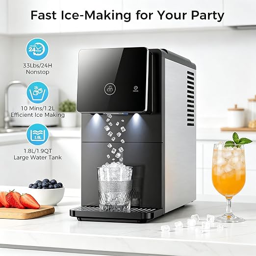 Nugget Countertop Ice Maker, Automatic Ice Dispenser, 33 lbs/Day Chewable Pellet Ice Machine with Self-Cleaning & Measured Dispensing, 1.8L Water Tank, Portable Ice Maker for Home, Kitchen, Office
