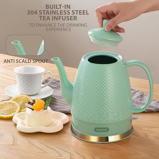 1.2-Liters Ceramic Electric Kettle Pot, 1000W Fast Boil Water For Coffee & Tea, Automatic Shut-Off, Boil Dry Protection, Retro Gooseneck Teapot BPA Free Boiler