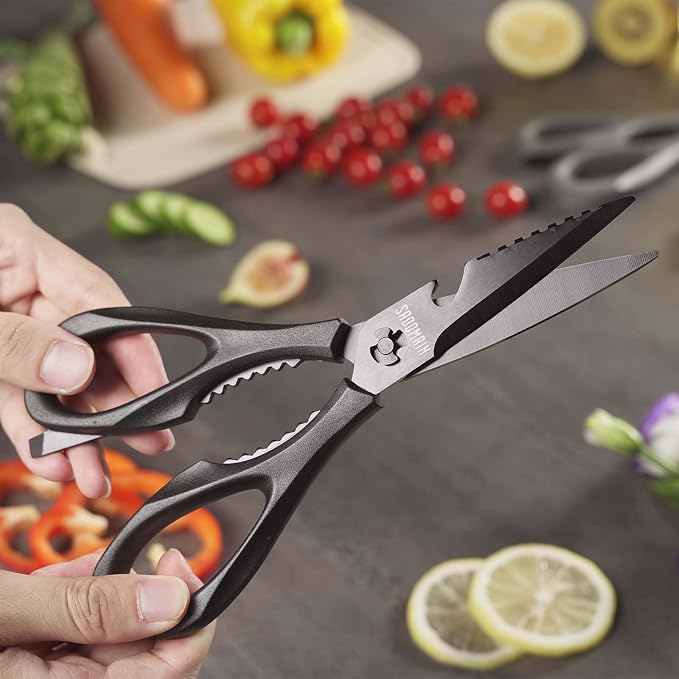 Kitchen Scissors All Purpose, Extra Sharp Kitchen Shears with Knife Sharpener & Sheath, Solid & Durable Stainless Steel Scissors with ANTI-RUST Black Titanium Plated, Dishwasher Safe – Black