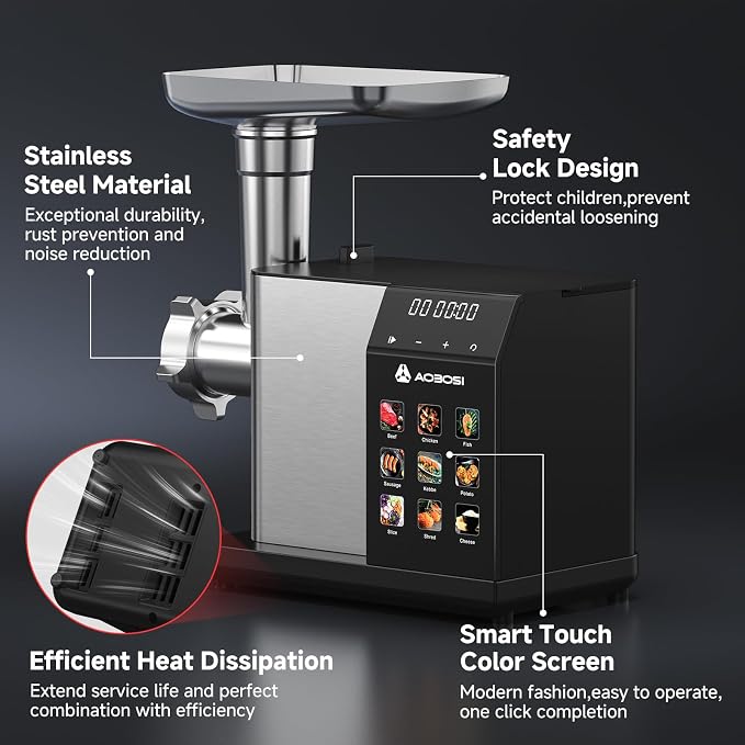 AAOBOSI Multifunctional Digital Meat Grinder Electric 3000W Max | 9 Touch Screen Presets, Auto-Reverse & Built-in Storage -Grinding, Sausage & Kibbe & Grate Cheese Making for Home Use