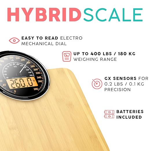 Hybrid Bathroom Scale - Analog & Digital Display, Accurate to 400 lbs | See weight on both an analog dial and digital LCD at once. Wide glass platform, accurate to 0.2 lbs, batteries included.