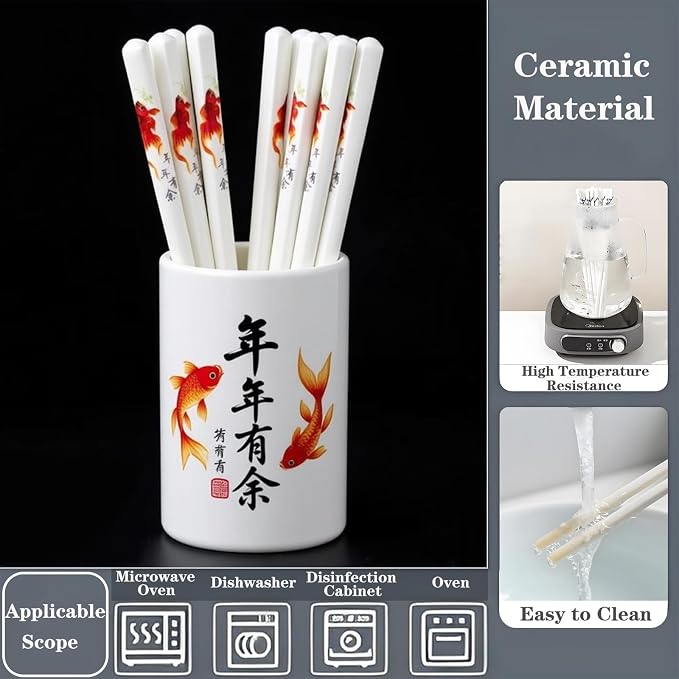 Ceramic Chopsticks Reusable,5 Pairs Porcelain Chop sticks,Red Fish,9.7'' | Easy to Clean,Dishwasher Safe,Heat Resistant,with a Gift case,Cooking Chopsticks,High-grade Bone China Porcelain