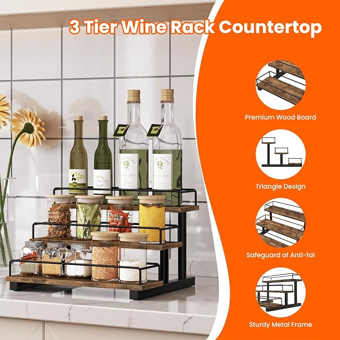 Homode Liquor Bottle Display Shelf, Coffee Syrup Rack Organizer, 3 Tier Wine Rack Countertop, Home Retro Bar Shelf Stand Holder for Liquor Whiskey Spirits, Mini Bar, Liquor Cabinet, Rustic Brown
