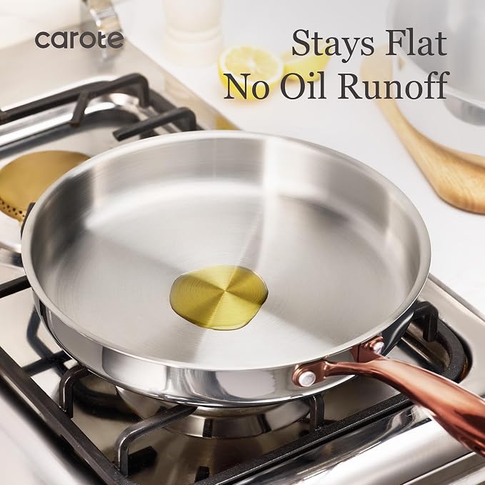 CAROTE 10" Tri-Ply Stainless Steel Frying Pan, Non-Toxic Egg Pan Omelet Pan, Oven Safe, Induction, Ceramic and Gas Cooktops Compatible, Polished Silver