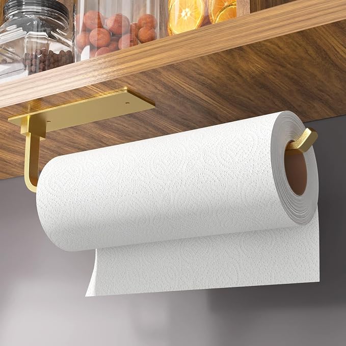 Paper Towel Holder - Self-Adhesive or Drilling, Gold | Under-Cabinet or Wall-Mounted | Kitchen Roll Dispenser | Upgraded Aluminum | Lighter Yet Stronger Than Stainless Steel