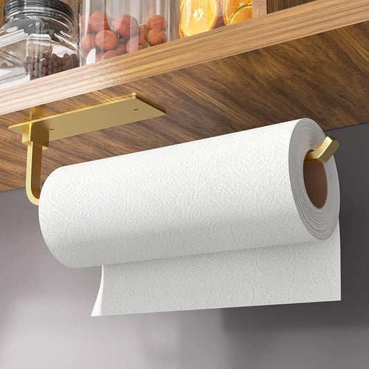 Paper Towel Holder - Self-Adhesive or Drilling, Gold | Under-Cabinet or Wall-Mounted | Kitchen Roll Dispenser | Upgraded Aluminum | Lighter Yet Stronger Than Stainless Steel