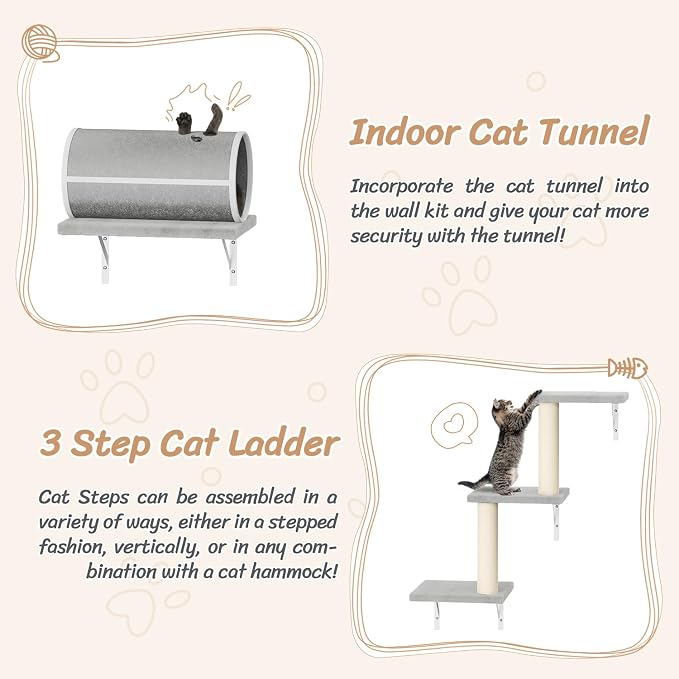 NUNU LAB 7-in-1 Cat Wall Shelves, Wall Mounted Cat Climber Set, Cat Furniture with House, Tunnel, Bridge, Steps, Scratcher, Hammock, Shelves for Indoor, Gray