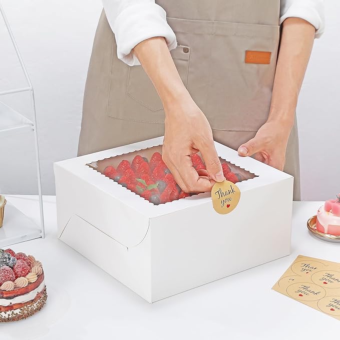 White Cake Boxes 10 Inch with Window， 4 Set Bakery Boxes with Cake Boards & Stickers, Tough Containers for Layer Cakes, Cupcakes, Desserts Food Safe Packaging（10x10x5 inch）