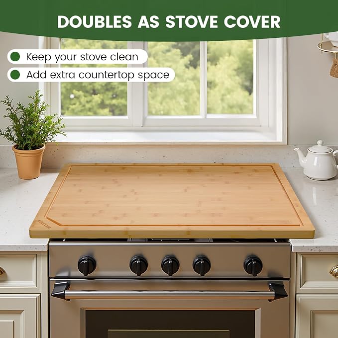 Kikcoin 30”×20” Bamboo Cutting Boards for Kitchen, Heavy Duty Wooden Cutting Boards, Healthy Extra Large Chopping Boards with Deep Juice Groove and Handle, Oversized Stove Top Cover, Natural