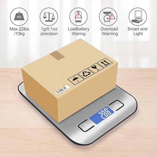 Digital Shipping Scale,Stainless Steel Panel, Accurate Portable Postal Scale for Packages, Small Business,Kitchen, Food, Handmade, Liquids, and Boutique (Silver Black Rechargeable(10kg/1g))