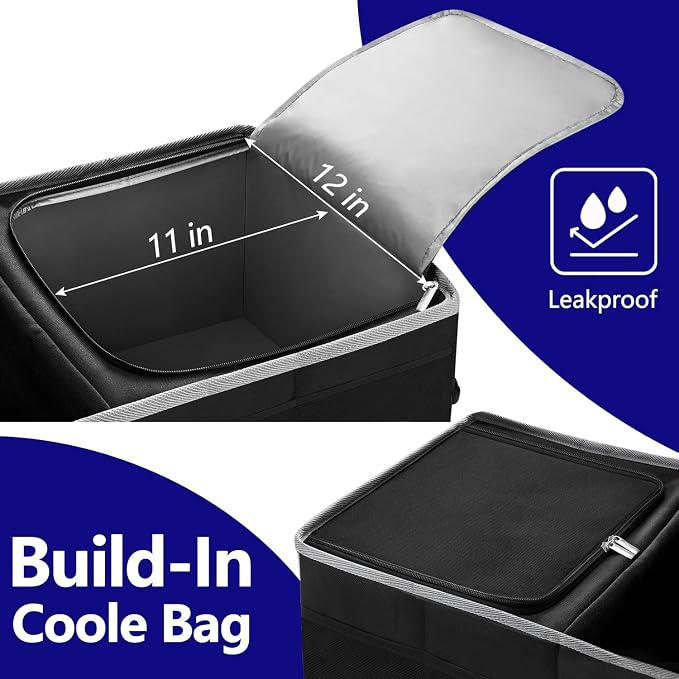 Trunk Organizer and Storage with Built-In Insulated Leak Proof Cooler Bag | Collapsible Cargo Organizer for SUV with Non Slip Strips, 3 Large Compartments Foldable Waterproof Portable Car Storage Box