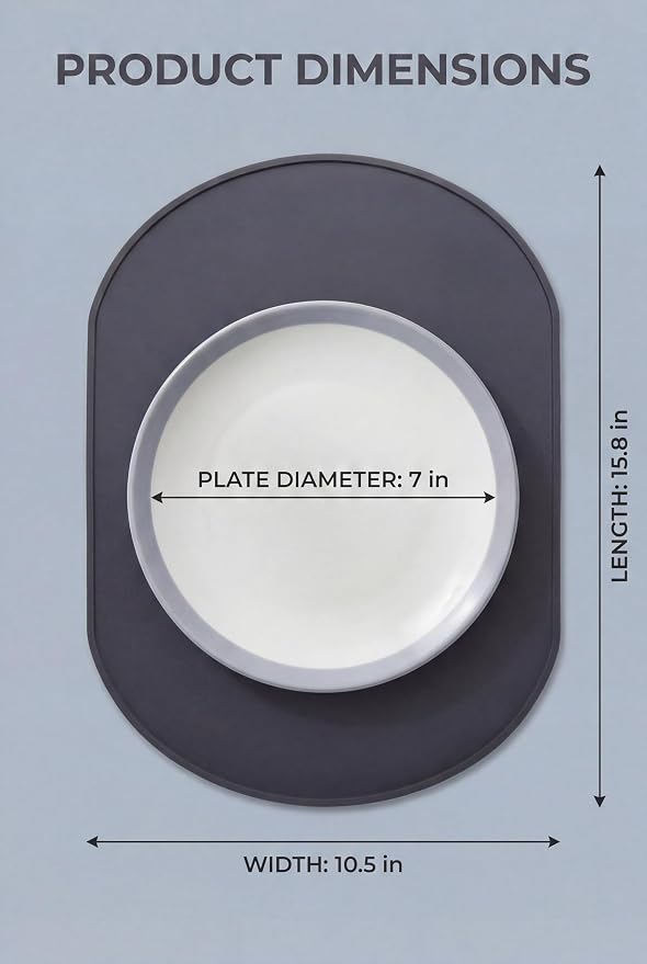 Oval Silicone Placemats Set of 4, 15.8 x 10.5in, Table Protector, Gray | Food-grade Silicone , Non-slip , Raised Edge Heat Resistant, Easy Clean , Compact Size, for Dining Table