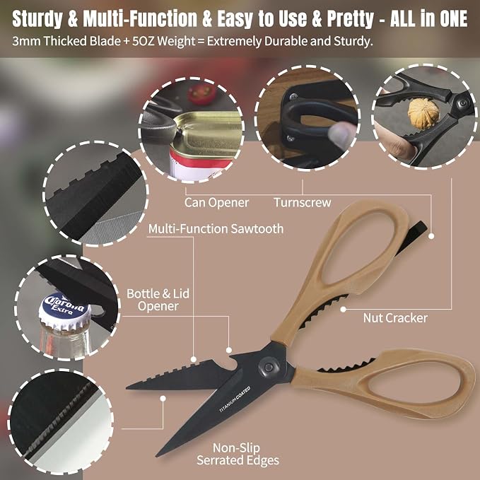 Kitchen Scissors All Purpose, Extra Sharp Kitchen Shears with Knife Sharpener & Sheath, Solid & Durable Stainless Steel Scissors with ANTI-RUST Black Titanium Plated, Dishwasher Safe – Brown
