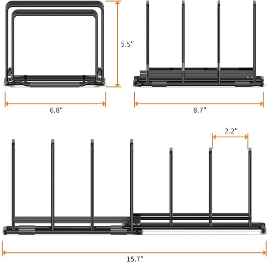 Adjustable 2.2in Pan Organizer Rack - for Pots,Pans,Cutting Boards,Cookie Sheets & Muffin Pans with 6 Slots,Non-Slip