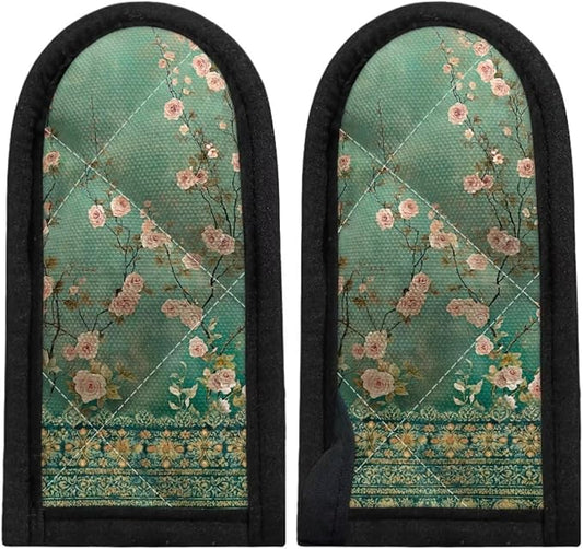 Coldinair Vintage Flower Cast Iron Skillet Handle Cover Washable Pot Handle Covers Heat Resistant Polyester Cast Iron Pan Handle Cover Flower Silicone Pot Handle Sleeve Teal