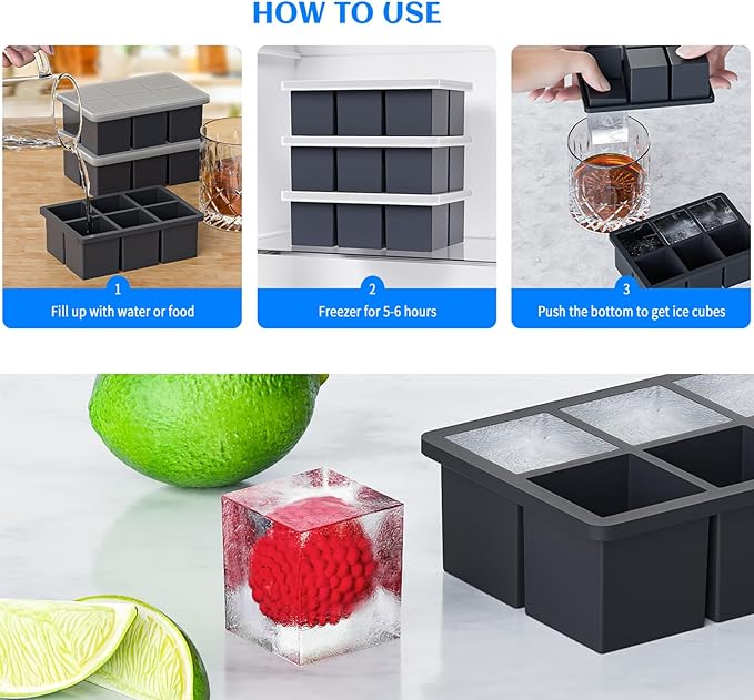 Large Ice Cube Tray for Whiskey 3 Pack, HANCELANT Big Silicone Square Ice Cube Mold with Removable Lid, 2'' Huge Square Ice Cubed Tray for Whisky and Cocktail