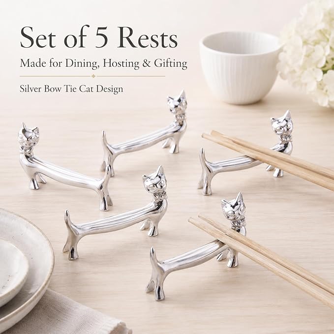 ChezMax Pack of 5 Zinc Alloy Chopsticks Spoon Forks Knives Tableware Rest Set, Silver Bow Tie Cat