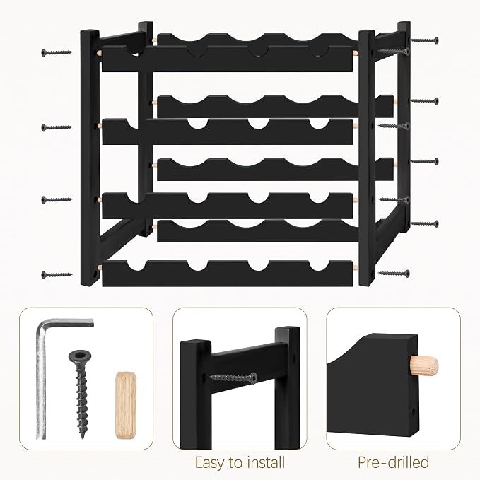VASMIA Wine Rack, 4-Tier Bamboo Wine Racks Countertop,Sturdy and Durable Wine Storage Cabinet Shelf,16 Bottles Wine Holder for Kitchen Pantry, Black