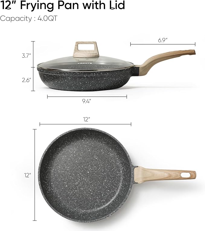 CAROTE Non Stick Frying Pan, 12 Inch Classic Granite Skillet with Glass Lid | Healthty Non Toxic Kitchen Stone Cookware, Compatible with All Stovetop, Easy to Clean, PFOA Free