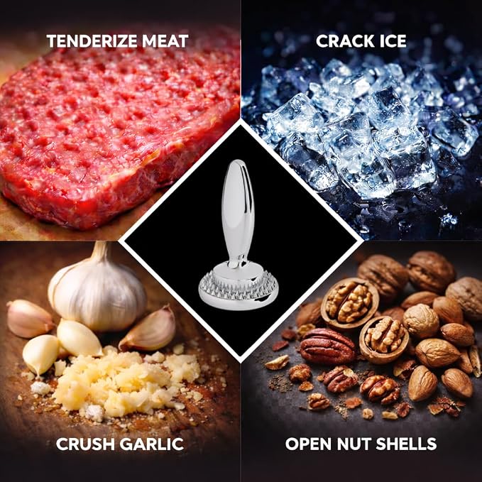 HIC Kitchen Dual Sided Meat Tenderizer Marinating Prep Tool, Chrome-Plated Zinc, 835 Grams, For Flattening Cutlets And Tenderizing Meat