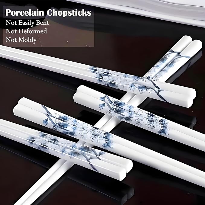 Ceramic Chopsticks Reusable,5 Pairs Porcelain Chop sticks,Blue Bird,9.7'' | Easy to Clean,Dishwasher Safe,Heat Resistant,9.7'',with a Gift case,Cooking Chopsticks,High-grade Bone China Porcelain