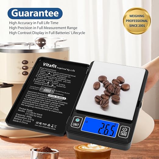 Vitafit 500g Digital Gram Scale in 0.01g, High Accuracy Assured by Built-in Level Bubble, Scale Professional Since 2001, Pocket Scale for Multi-Function: Kitchen, Food, Jewelry, Lab, Coffee, Black