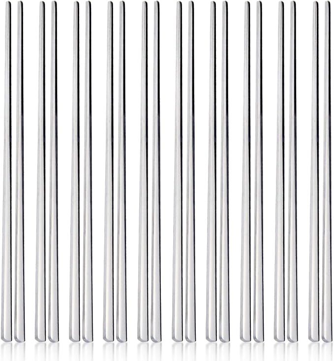 IQCWOOD Metal Chopsticks,10 Pairs 304 Stainless Steel Flat Chopsticks, 8.66 Inch Dishwasher Lightweight Korean Chopsticks Set Reusable Classic Style for Dinner