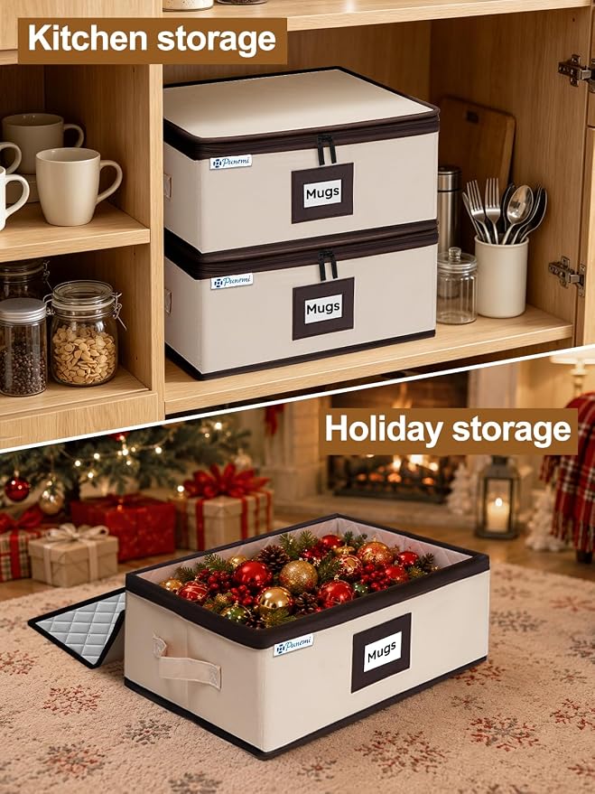 punemi Mug Storage Organizer, 2-Pack Hard Shell Boxes for Packing & Moving | Padded dividers, stackable design and carry handles for coffee mugs, tea cups and china storage, beige