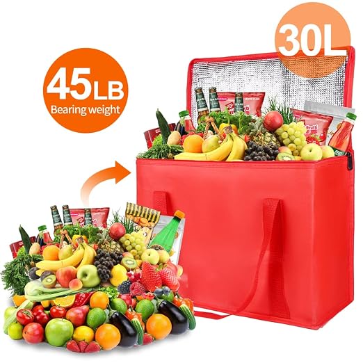 Bodaon 2-Pack Insulated Reusable Grocery Bag with Secure Top, X-Large Insulated Food/Pizza Delivery Bag, Frozen Foods Cold, Cooler Shopping Bags, Red