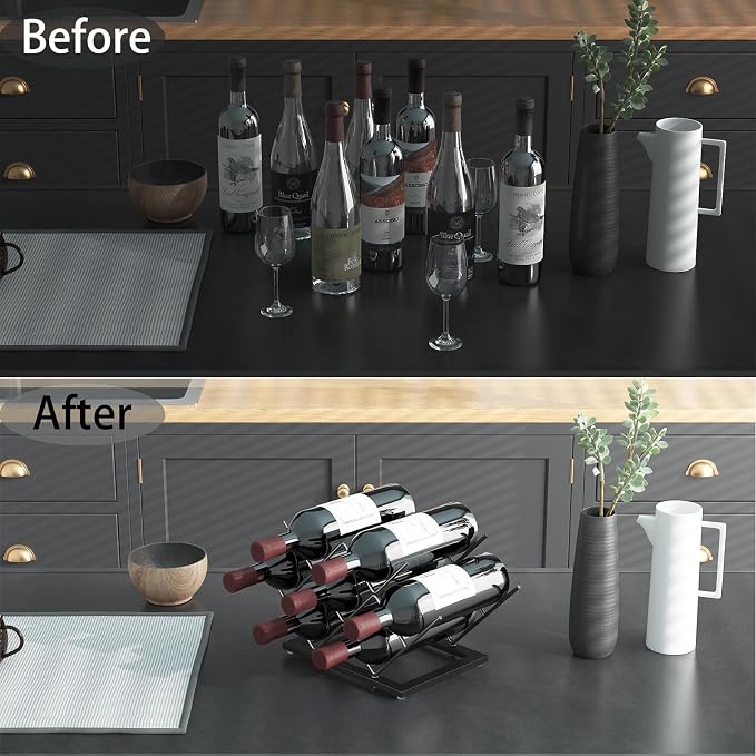 Wine Rack Countertop, Black Metal Wine Bottle Organizer for Home Bar, Kitchen, Cabinet, Pantry, Tabletop Wine Racks for Cup and Water Bottle –7 Bottles Wine Storage Capacity.