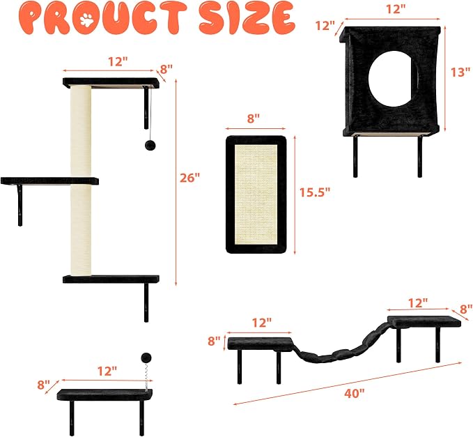 NUNU LAB Cat Wall Shelves Set, 5 Pcs Wall-Mounted Cat Climber with Cat House, Bridge, Scratching Post, Hammock, Wall Shelves, Black