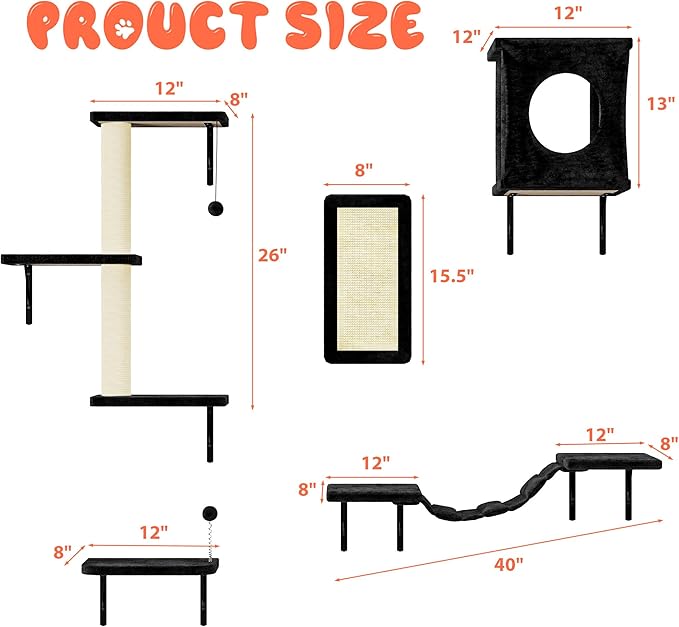 11-in-1 Cat Wall Shelves Cat Climbing Furniture with Wall Mounted Perch & Lounge for Indoor Cats, Space-Saving Cat Climbing Wall Systems, Black