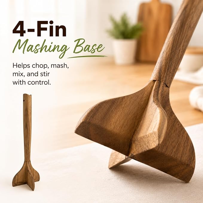 Wooden Meat Masher, Acacia Wood Meat Chopper for Ground Beef, 11 Inch Hamburger Smasher Tool, Manual Burger Potato Masher Kitchen Gadgets