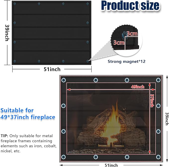 Magnetic Fireplace Blanket for Heat Loss Indoor Fireplace Covers Keep Drafts Out Stops Heat Loss Fireplace Draft Stopper with Built-in 12 Strong Magnet for Iron Fireplace Frame Fireplace Screen 51x39