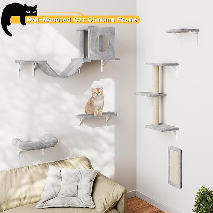 NUNU LAB Cat Wall Shelves, 6 Pcs Luxury Wall-Mounted Cat Climber Set, Indoor Cat Furniture with 1 Condos House, 2 Cat Wall Shelves, 1 Scratching, 1 Bridge Ladder, 1 Scratching Pad, Light Grey