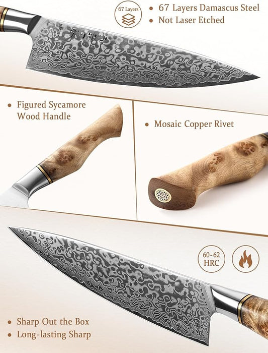 HEZHEN Chef's Knife-Professional-8.3 inch Damascus Steel, Kitchen Knife VG10 Gyuto Knife-Master Series Chef Cooking Tool at Home,Restaurant-Figured Sycamore Wood Handle
