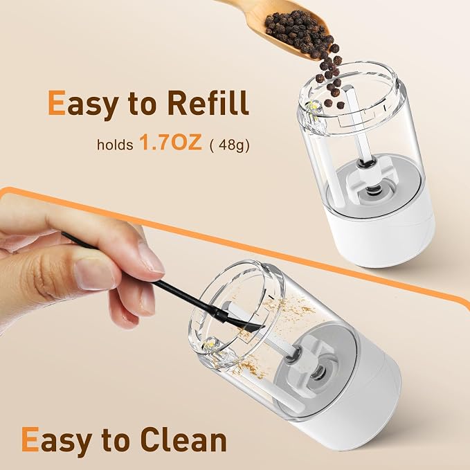 Rechargeable Electric Salt and Pepper Grinder Set, Automatic Salt and Pepper Shakers, Adjustable Coarseness Pepper Grinder with Led Kitchen and Home Appliances Gifts for Women(Whitewhite)
