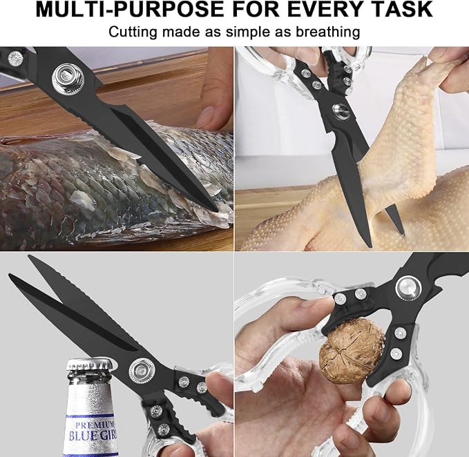 CGBE Kitchen Scissors, Multi-Purpose Kitchen Shears, Heavy Duty Food Scissors for Chicken, Poultry, Fish, Meat & Herbs with Non-Slip Grips (Transparent Black)