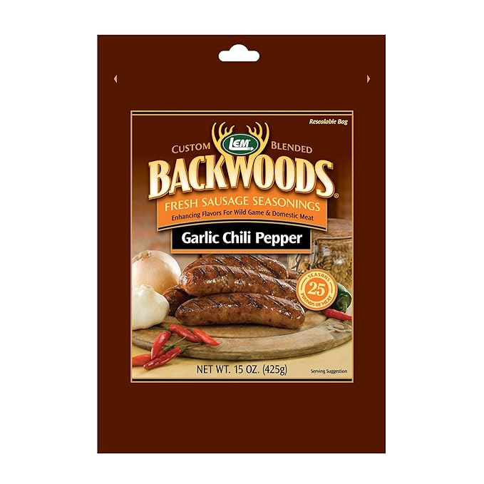 LEM Products Backwoods Garlic Chili Pepper Fresh Sausage Seasoning, 15 oz | Pre-Measured Seasoning for Wild Game and Domestic Meat, Seasons Up to 25 Pounds of Meat for Homemade Sausages